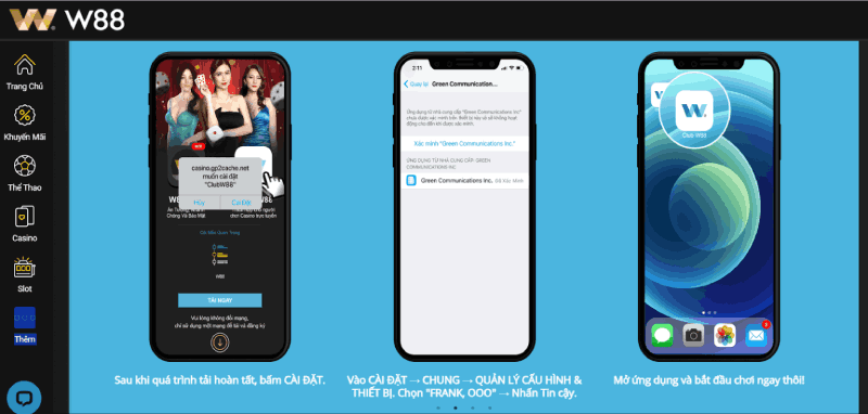 Cài đặt app W88 và cấp quyền trên thiết bị iOS và Android