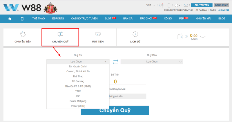 Chuyển quỹ W88 từ ví sảnh về tài khoản chính trước khi rút