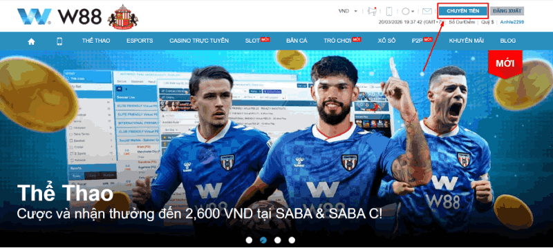 Chọn mục chuyển tiền W88 tại góc trên bên phải trang chủ