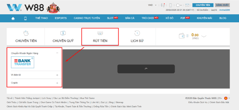 Chọn phương thức rút tiền W88 - ngân hàng, Momo hoặc Crypto