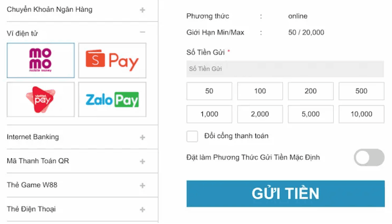 Nạp tiền W88 qua ví điện tử Momo, ZaloPay, Shopee Pay, Viettel Pay