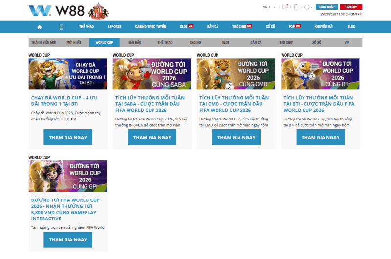 Khuyến mãi W88 World Cup 2026 - gói thưởng 4 trong 1 tại BTi