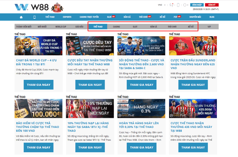 Khuyến mãi W88 theo từng sản phẩm - thể thao, casino, slot, xổ số
