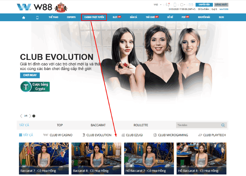 Hướng dẫn đặt cược casino online W88 - baccarat và rồng hổ