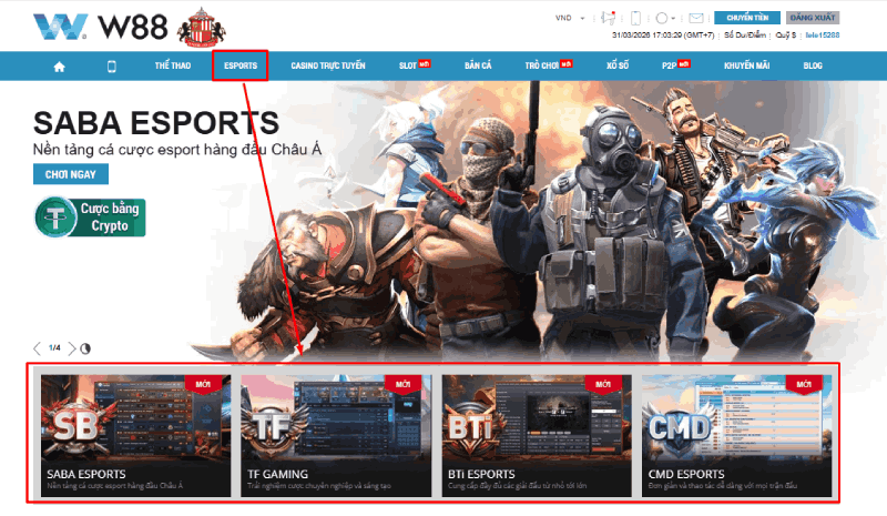 Cách đặt cược esport W88 tại sảnh SABA và TF Gaming